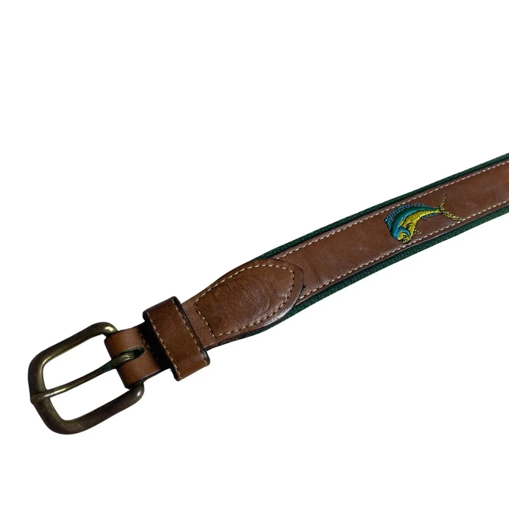 Mens Brown‎ Leather Canvas Belt Mahi Mahi Fish Embroidered Sz 36 Nautical Casual